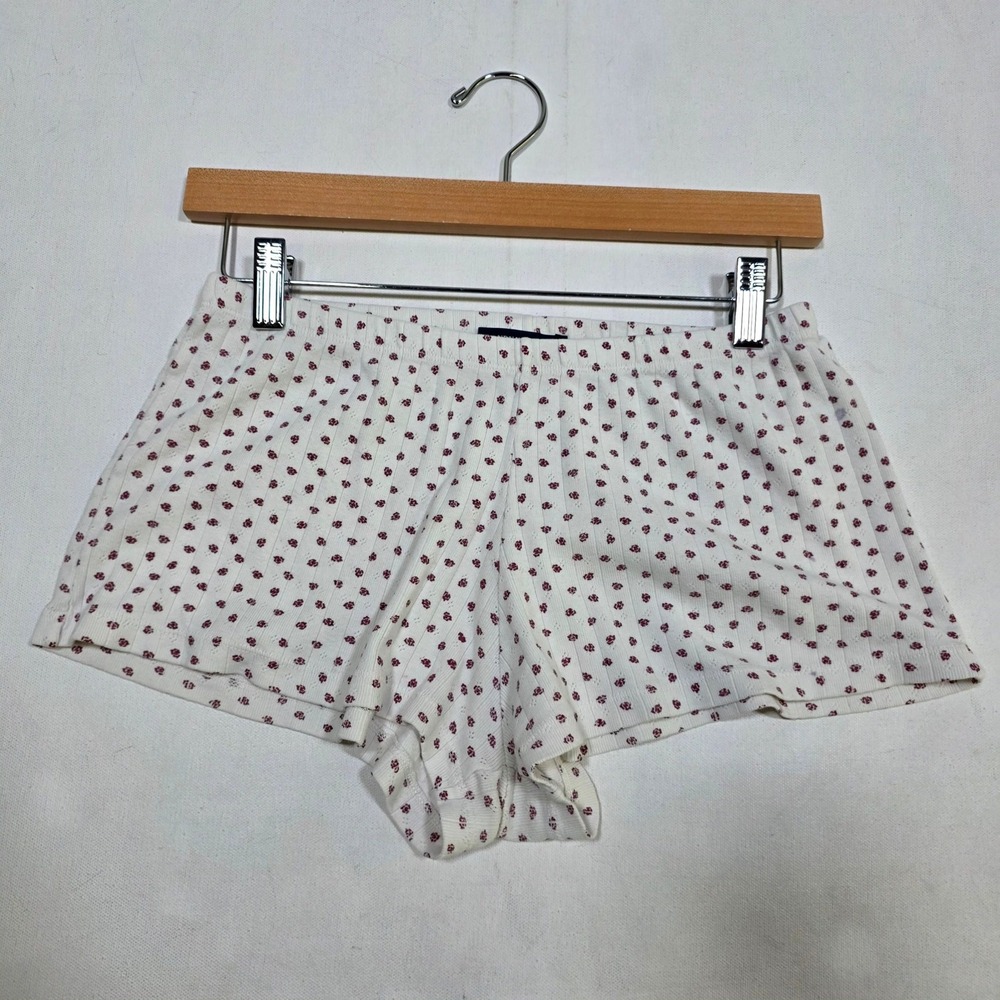 Brandy Melville Pajama Shorts Womens One Size White Red Floral Rosebud Pointelle